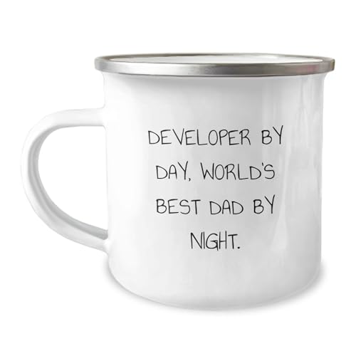 Funny Developer Gifts from Dad to World's Best Developer Graduation Camping Mug, 12 oz Stainless Steel with Enamel Finish, Developer By Day, World's Best Dad By Night.
