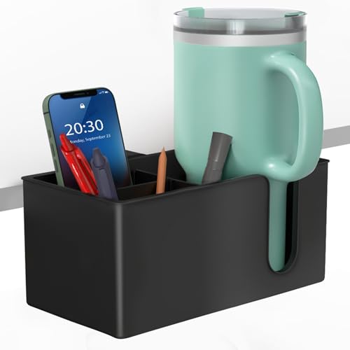 OOKUU 3-in-1 Desk Organizer - Large Desk Cup Holder Clamp, Pencil Holder and Phone Stand - Detachable Anti-Spill Table Cup Holder, Office & PC Gaming Desk Accessories for Cup, Phone and Pen (Black)