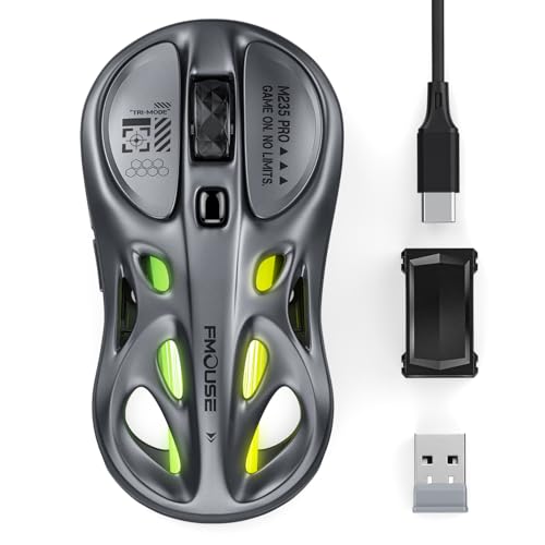 FMOUSE Gaming Wireless Mouse, Tri-Mode (2.4G/Bluetooth/Wired), 4800 DPI, 1000Hz Ergonomic Hollow RGB Rechargeable Type-C for Mac/Laptop/iPad/Office - Gray
