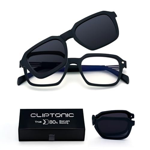 CLIPTONIC 2-in-1 Magnetic Clip- On Blue Light Blocking Glasses – Hexagon Matte Black Frame + Grey Polarized UV400 Clip, TR90 Lightweight, Anti-Reflective Computer Eyewear for Men & Women