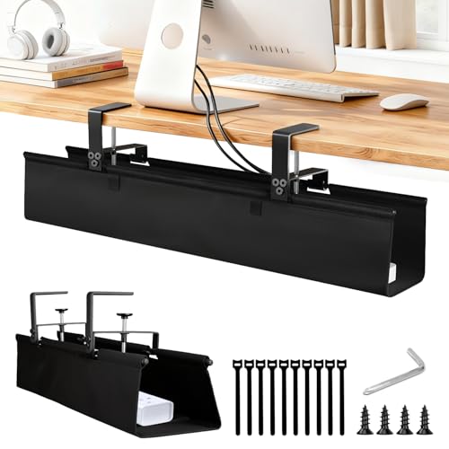 Under Desk Cable Management Tray - Heavy Duty No-Drill Clamp & Screw Mount, 36-Inch Cord Organizer for Home Office, Gaming Setup & Study Room, Holds Power Strip & Large Adapters