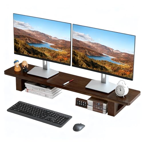 sanheshun Dual Monitor Stand Riser, 47Inch Solid Wood Desktop Organizer with Non-Slip Pads, Holder for 2 Monitors, Laptops, TV, PC, Printer, Walnut Finish