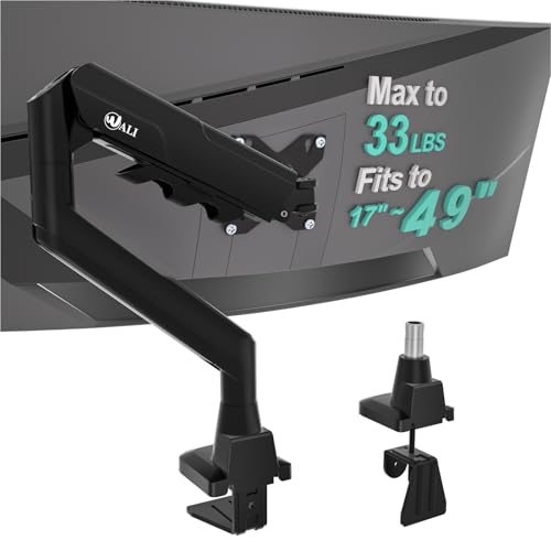 WALI Heavy Duty Single Monitor Arm for 17-49 Inch Flat Curved Ultrawide Screens, up to 33 Lbs, Adjustable Gas Spring Single Monitor Desk Mount for Home Office Gaming, VESA 75/100mm (GSM001XLN), Black