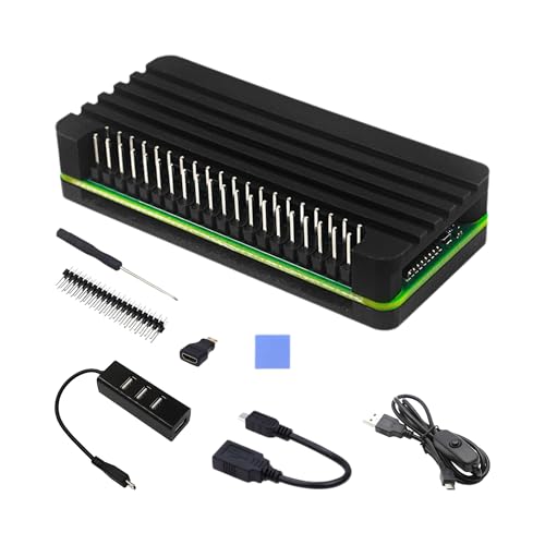 Pi Zero 2 W Aluminum Case Kit with Passive Cooling, 4-Port USB OTG Hub, Mini HDMI Adapter, Power Switch Cable, Pin Header, OTG Cable and Screwdriver (Board Not Included)