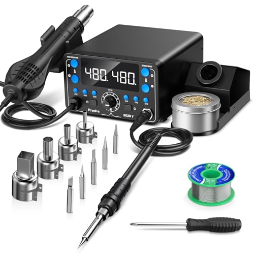 Preciva 902D V Soldering Station 2-in-1 SMD Hot Air Rework Station with LED, Memory Presets, Sleep, Calibration, °C/ºF | Includes Soldering Iron, Hot Air Gun, 5 Tips, 4 Nozzles, Holder, Solder Wire