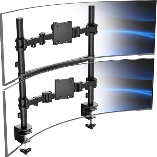 VIVO Clamp-on Double Pole Ultra Wide Monitor Desk Mount for 2 Utrawides up to 57 inches, 59.4 lbs Capacity Each, Low Profile Heavy Duty Vertical Dual Monitor Stand, Black, STAND-257C