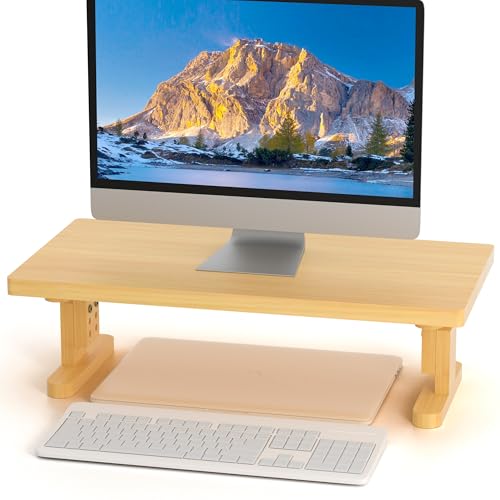 Qecamy Bamboo Monitor Stand Riser for Desk, Height Adjustable Computer Riser & Laptop Stand, Ergonomic Desktop Organizer Shelf W/ Underneath Storage, Sturdy 100 lbs Capacity for Printer/TV/Home Office