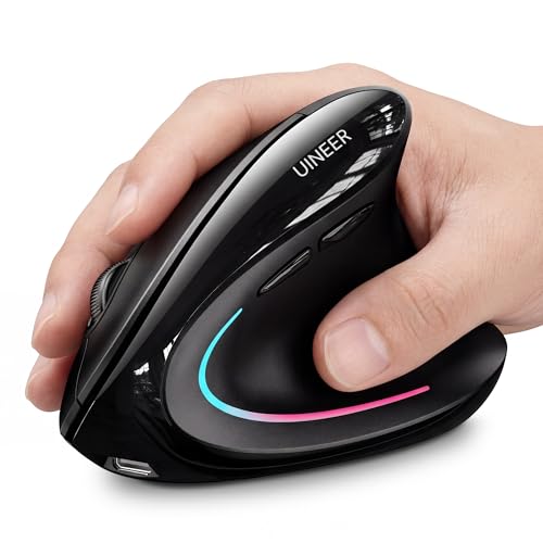 Uineer Ergonomic Mouse, Wireless Bluetooth Rechargeable Vertical Mouse, 7 Color LED, 4 DPI Adjustable, USB-A, Wrist Strain Relief,Optical Mice for Computer/PC/Laptop, Black (Black)