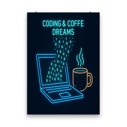 Cascading Binary Code Poster - Glowing Laptop Wireframe Art - Gloss Paper Finish - Decor for Developer Workspaces