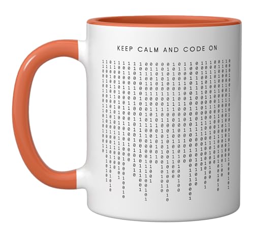 Keep Calm And Code On - Funny Minimalist Programmer Ceramic Mug, Orange/White