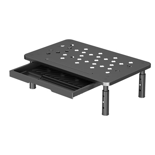 Monitor Stand Riser with Drawer - Adjustable Height (10.5-14.5cm) 3 Gears, Carbon Steel Desk Organizer for Computer/Laptop, Ventilated, Multi-Layer Storage for Office Home (Black)