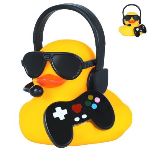 FINEED Cool Rubber Duck with Black Gamepad & Sunglasses - Novelty Car Interior Decoration for Car Ducking, Unique Squeeze Decor with Microphone Accessory for Adults, Office & Dashboard Fun