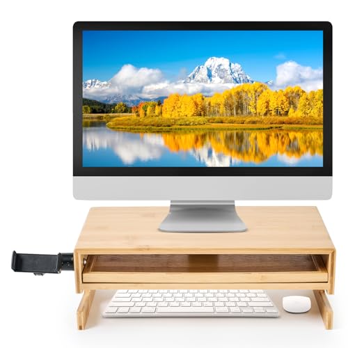 LICHIL Monitor Stand Desk Top Organizer with Storage Drawer & Phone Holder,Bamboo Monitor Stand with Keyboard Tray, Wide Monitor Riser Non Slip Desk Riser