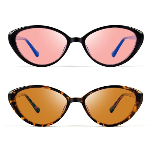 R.F.YFQH 2 Pack Indoor Fluorescent-41 Pink & Outdoor Fluorescent-60 Brown Tinted Blue Light Blocking Glasses for Migraine, Light Sensitivity, Photophobia & LED Gaming Computer Screen Glare JF6227
