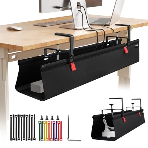 SUREUP9 No Drill Under Desk Cable Management Tray, 48" Cord Organizer with Clamp, Fabric Cable Management for Standing Desks, Ideal for Home & Office - Black