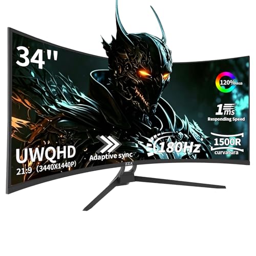 ZZA 34 Inch Curved Monitor 180HZ, WQHD 3440x1440 Ultrawide (21:9) 1500R, 1ms (OD), HDR10, 120% sRGB, FreeSync & G-Sync, PIP/PBP, HDMI/DP, VESA for Sim Racing, Home Office & Coding & Video Editing