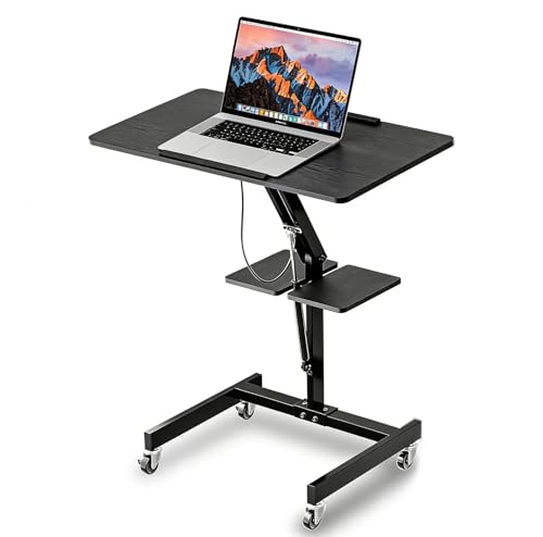 FULOOPHI Mobile Standing Desk with Wheels, Height Adjustable Laptop Table, 27.56 Inch Portable Ergonomic Workstation with Locking Casters & Tilting Top, Black