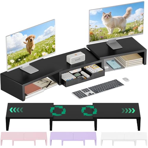 OPNICE Desk Organizer, Dual Computer Monitor Stand Riser with Drawer, Office Desk Accessories & Workspace Organizers, Black