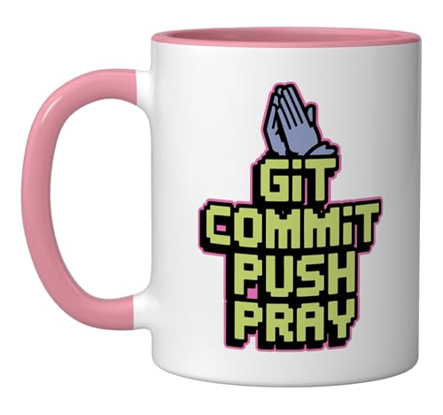 Git Commit Push Pray - Version Control Joke Ceramic Mug, Pink/White
