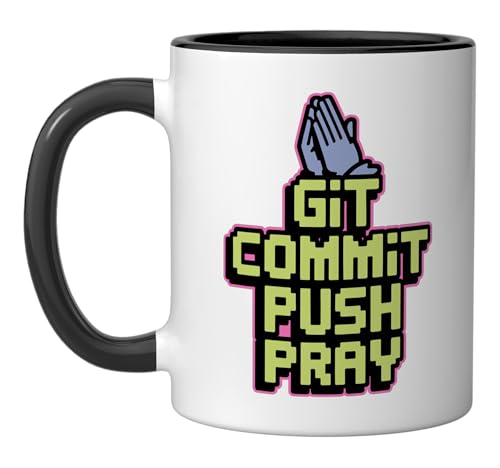 Git Commit Push Pray - Version Control Joke Ceramic Mug, Black/White