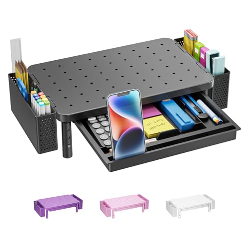 WALI Computer Monitor Stand with Storage, Desk Organizer with Drawer and Pen Holder, Desk Monitor Riser 3 Height Adjustable, Laptop Riser for Computer, Laptop, Printer(PTT003-B), 1 Pack, Black