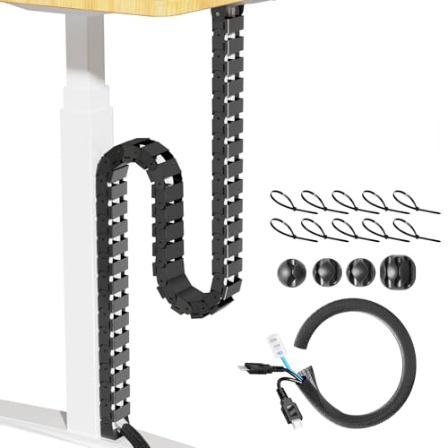 Cinati 52 Inch Vertebrae Cable Management, Black Under Desk Vertebrae Cable Management Kit, Adjustable Length Wire Sleeve for Standing Desk, Cord Organizer for Office - 2 Way Mounting (Tape or Screw)