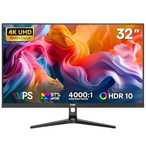 DJiEX 32 Inch 4K Computer Monitor, UHD 3840x 2160P IPS Display | 60Hz HDR10, FreeSync, 97% sRGB, 1300:1, HDMI, DisplayPort, VESA 75x75mm, Low Blue Light Monitor for Business and Home Office