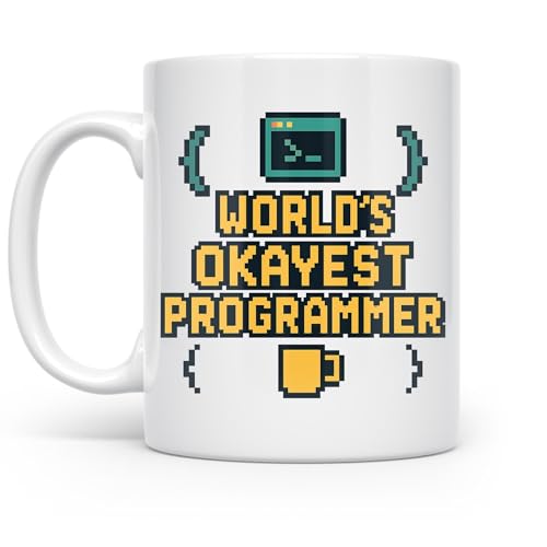 World's Okayest Programmer - Software Developer - 11 oz White Ceramic Coffee Mug - Retro Pixel Art