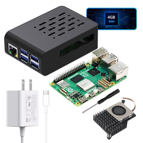 TRASKIT Basic kit for Raspberry Pi 5 4GB RAM,27W PD Power Supply,PI5 Case, Active Cooler and Pi 5 4GB Single Board Included