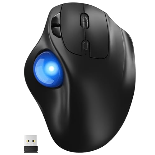Ergonomic Wireless Trackball Mouse, 3 Device Connection (Bluetooth or 2.4G USB Receiver) Bluetooth Quiet Computer Mouse, 2*AAA Battery Thumb Laptop Mice with 5 Level DPI for PC/Laptop/Mac/Windows Blue