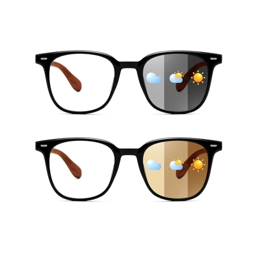 Karsaer 2 Pcs Photochromic Sunglasses Day Night Use Blue Light Blocking Computer Glasses for Men Women with Wooden Temples