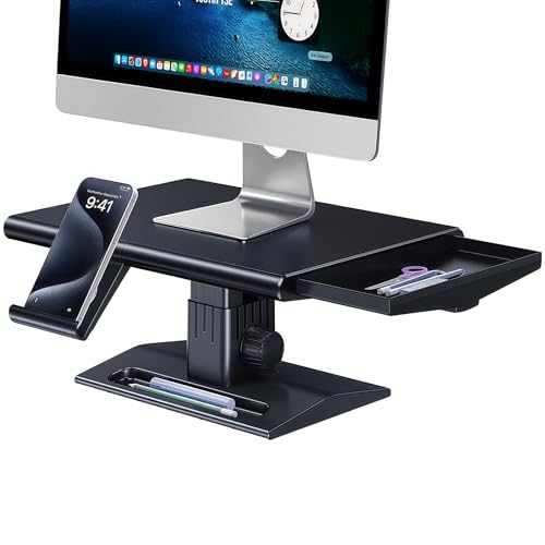 nediea Computer Monitor Stand Riser,Height Adjustable Laptop Stand with Drawer & Phone Holder,Desktop Storage Stand for Printer,Desk Organizer for Office & Home Supplies