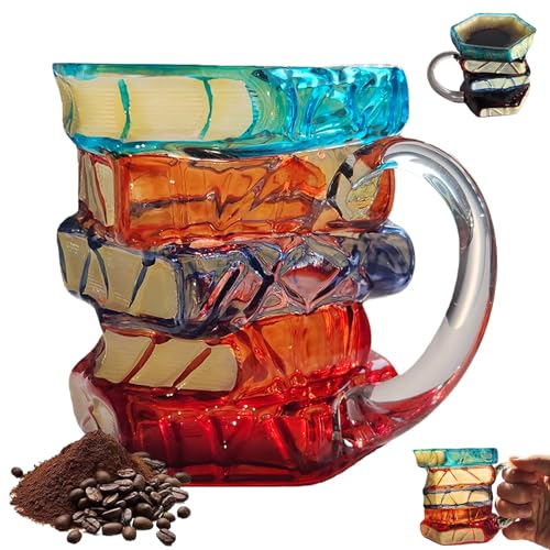 BUENLY Chapter Book Coffee Mugs, 11Oz Book Stack Glass Cup Gift for Readers | 3D Books Glass Cup, Stack-of-books Design, Complete with Textured Spines, Vibrant Hand-painted Colors, Gifts for Book Lovers