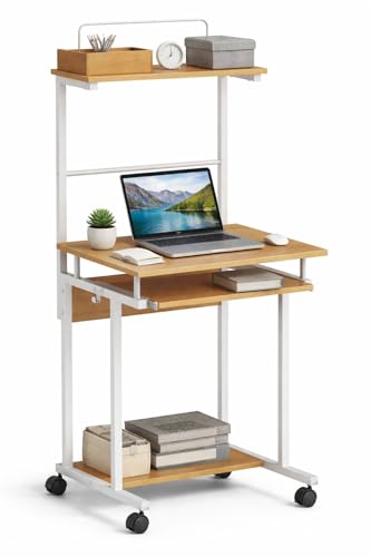 MOOCHI Mobile Computer Workstation with Keyboard Tray & Wheels – Compact Standing Desk for Home Office, Small Spaces & Productivity – White Frame with Wood Finish