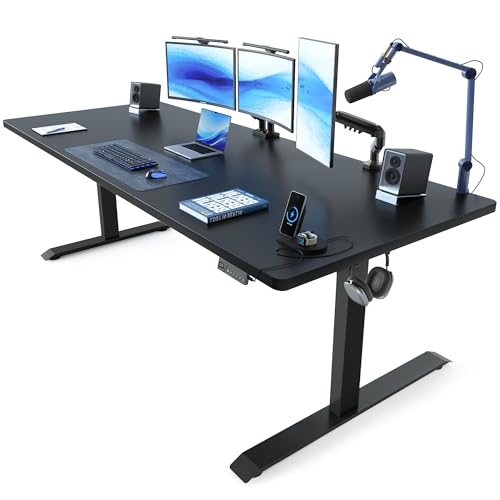 FEZIBO 71 x 37 Inch Electric Standing Desk with Integrated Dual-Beam, Height Adjustable Computer Desk, Stand Up Desk for Home Office Workstation, Large 3-Piece Desktop Black