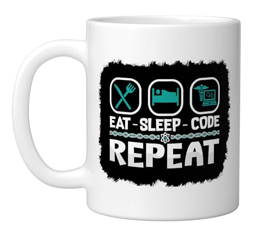 Eat Sleep Code Repeat Coding Icd Programmer Medical Coder Ceramic Mug, White