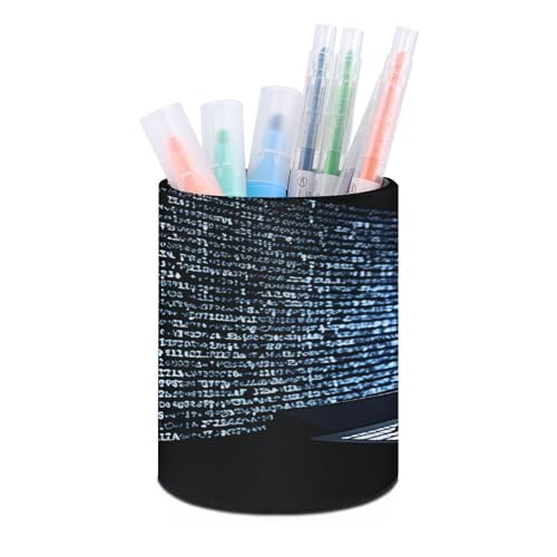 FekiLoot Programmer Programming Code Pen Holder Cup Fashion PU Leather Pencil Cup Minimalist Pen Organizer Round Pencil Holder Stand Work Locker Accessories for Decoration Desk Office Home