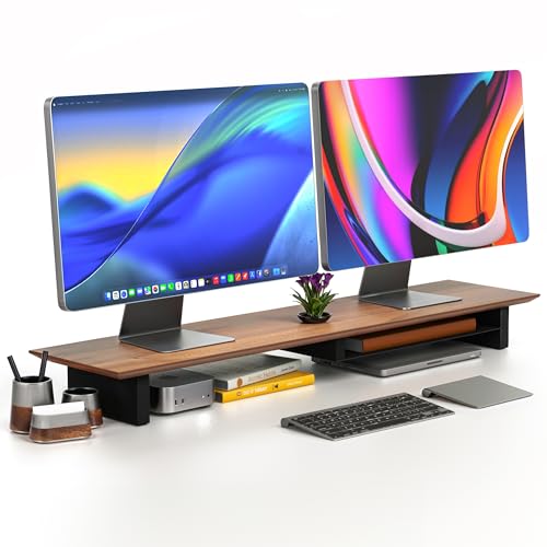 COREMINDED Solid Wood Dual Monitor Stand Riser, 42 Inch Walnut Desk Shelf