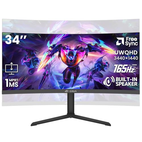 CRUA 34" Curved Gaming Monitor, 165Hz WQHD 3440x1440 UltraWide 21:9 VA, 3800R, 120% sRGB, AMD FreeSync, Built-in Speakers, Height Adjustable, Wall Mountable PC Monitor for Gaming, Streaming & Work