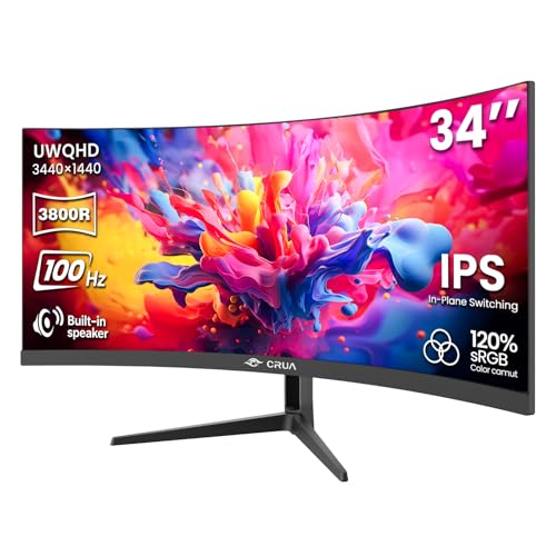 CRUA 34" Ultrawide Curved Monitor, 21:9 UWQHD 3440x1440 100Hz 3800R IPS Computer Monitors with Built-in Speakers, Supports FreeSync, 120% sRGB, Blue Light Filter, HDMI 2.0 & DP 1.4, Wall Mountable