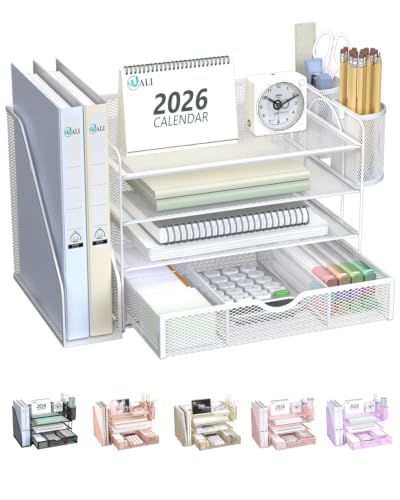 WALI Desk File Organizer, 4 Tier Desktop Paper Letter Tray Organizer with Drawer and 2 Pen Holders, Office Desk Accessories & Workspace Organizers for Office, Home Supplies(DO005DH-W), 1 Pack, White