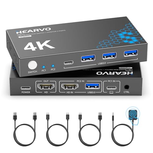 Hearvo USB 3.0 HDMI + USB-C KVM Switch 1 Monitor 2 Computers