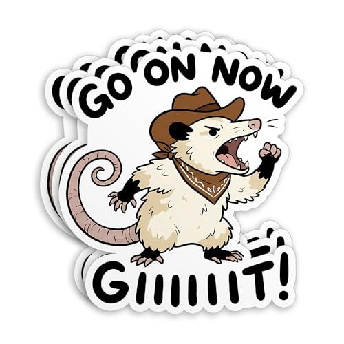 Go On Now Git Sticker Funny Opossum Possum Cowboy Sarcastic Mental Health Quote Waterproof Die-Cut Vinyl Stickers for Water Bottle, Tumbler, Laptop, Notebook, Phone Case, Hard Hat, Luggage