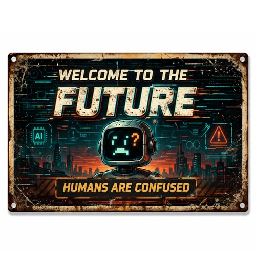 Welcome to the Future Humans Are Confused Funny Tin Sign, 8x12 Inch Vintage Metal Wall Decor for IT Office, Cyberpunk Programmer Gift, Weatherproof Retro Tech Aesthetic Room Poster
