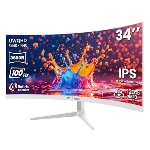 CRUA 34 Inch 21:9 UWQHD 100Hz IPS Ultrawide Curved Monitor, Speakers, White