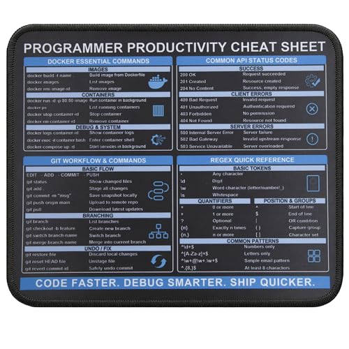Programmer Cheat Sheet Mouse Pad, Git Docker Regex API Status Code Guide Desk Mat, Non-Slip Smooth Mousepad for Software Engineers Coders