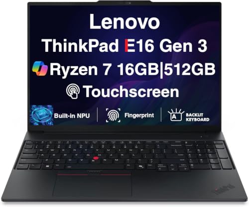 Lenovo ThinkPad E16 Gen 3 Laptop 16" FHD+ Touch, Ryzen 7 250, 16GB/512GB | Premium Business PC, 38 TOPS 8-Core Processor (> Ryzen 7 7735U), Copilot, FP, Backlit KB, WiFi 6, IR Webcam, Win11Pro