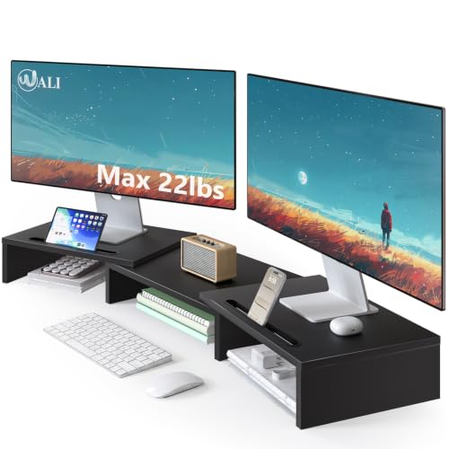 WALI Extra Long Wooden Dual Monitor Stand Riser with 2 Slots, up to 22lbs | Underneath Storage, Adjustable Length & Angle, Multi-Purpose Desktop Organizer Desk Shelf for Home Office PC, Laptop, Printer