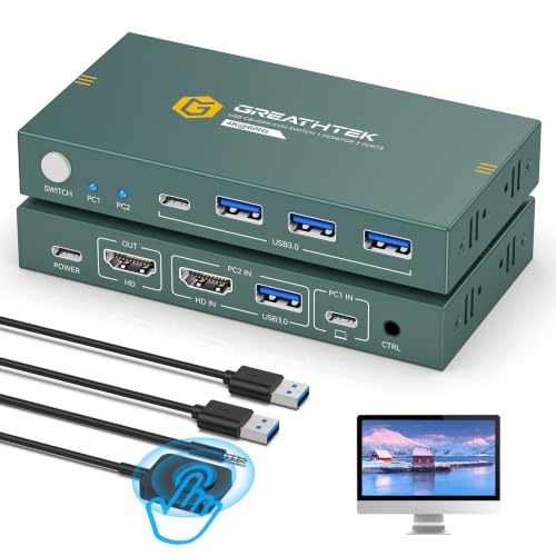 Greathek HDMI USB C KVM Switch for 2 Computers, USB3.0 4K@60HZ Monitor Switch for PC/Laptop Sharing Keyboard& Mouse,with 4 USB Ports,EDID Supported