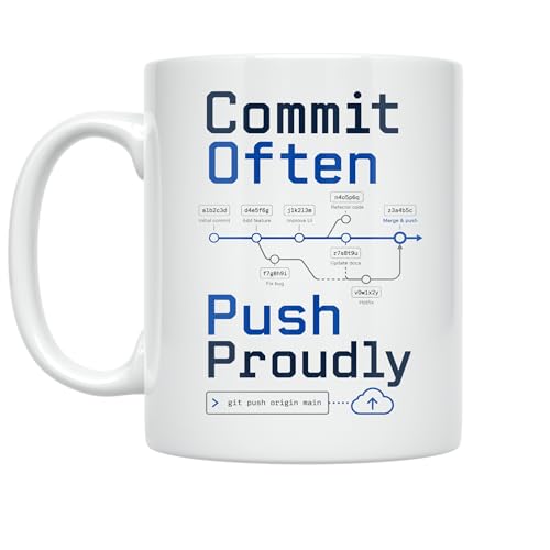 Developer Coffee Mug - Commit Often Push Proudly - 11 oz White Ceramic - Technical Design